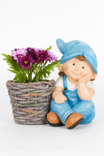 Load image into Gallery viewer, Garden Doll Boy with Blue Hat and Woven Basket Planter
