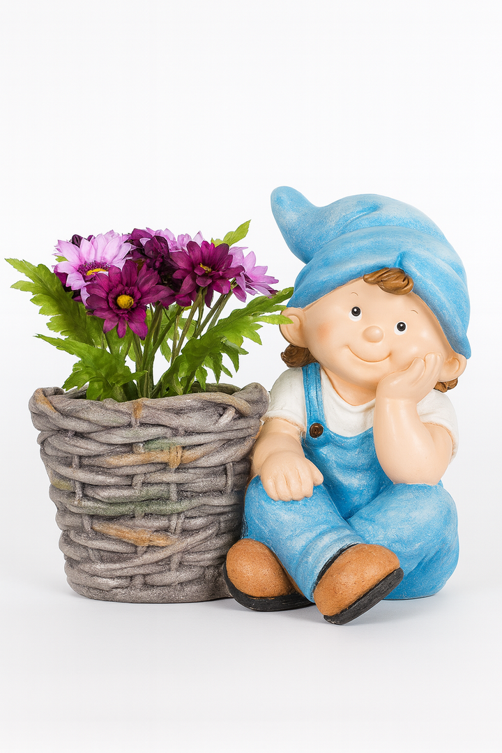 Garden Doll Boy with Blue Hat and Woven Basket Planter