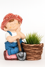 Load image into Gallery viewer, Garden Doll Boy with Shovel and Woven Basket Planter
